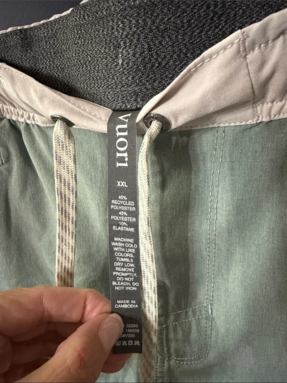 Vuori Men's Light Mint Green Swim Shorts with Pale Pink Waistband
